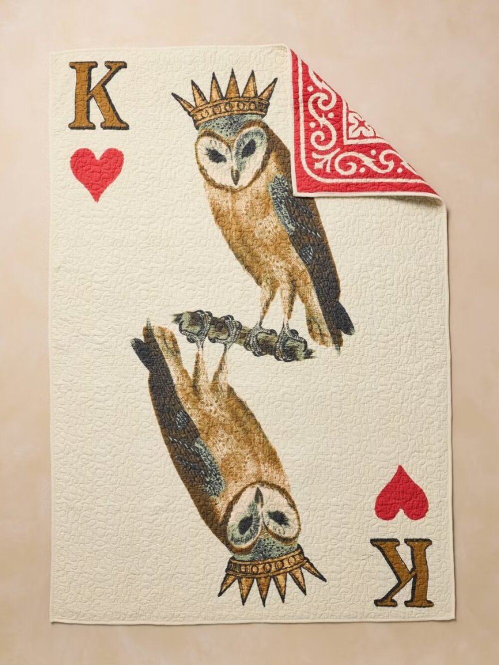 John Derian for Target Reversible King of Hearts Owl Card Cotton Quilt NWT